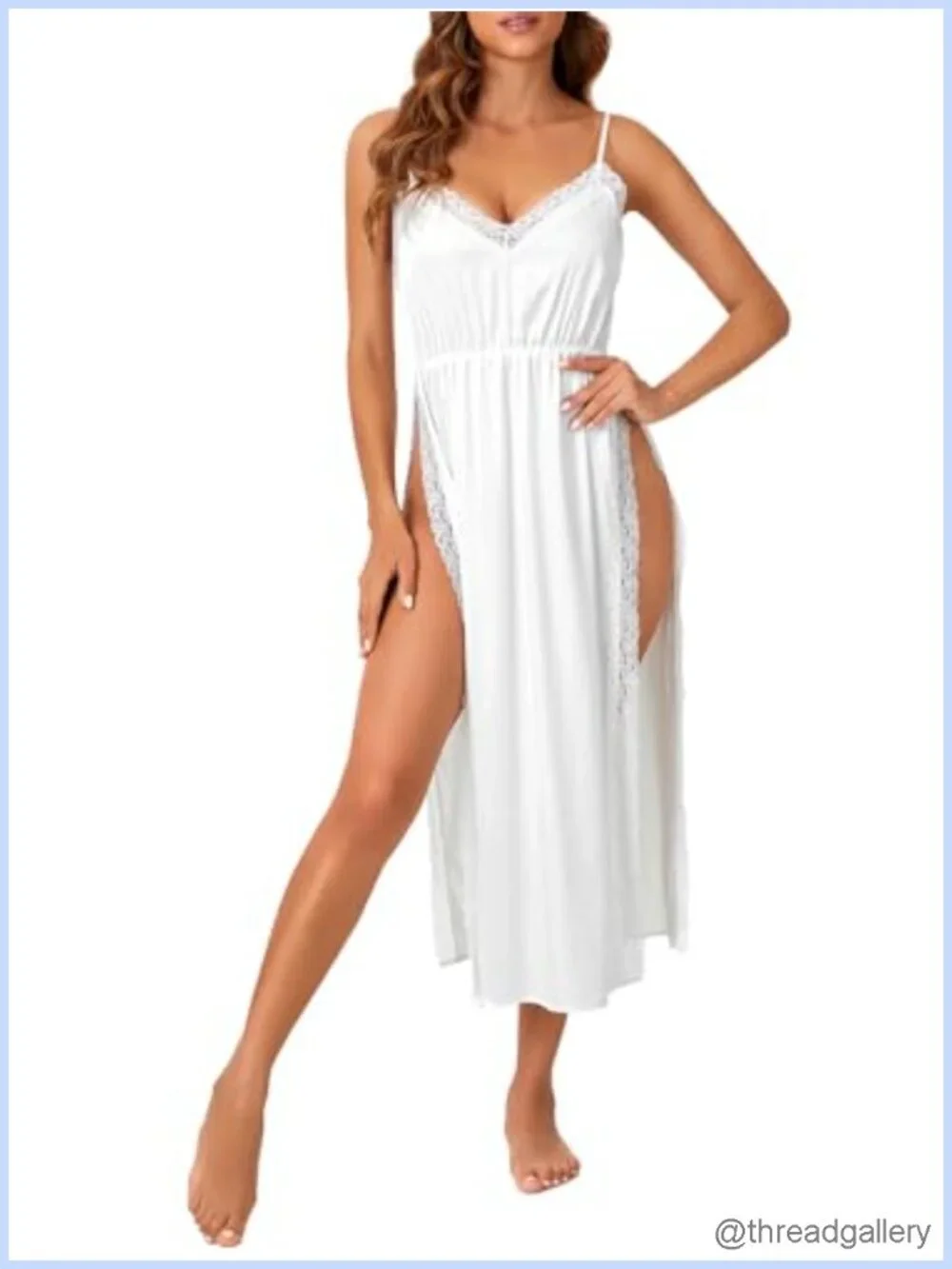 Satin Lace Trim V Neck Spaghetti Strap High Slit Maxi Nightgown Slip Dress